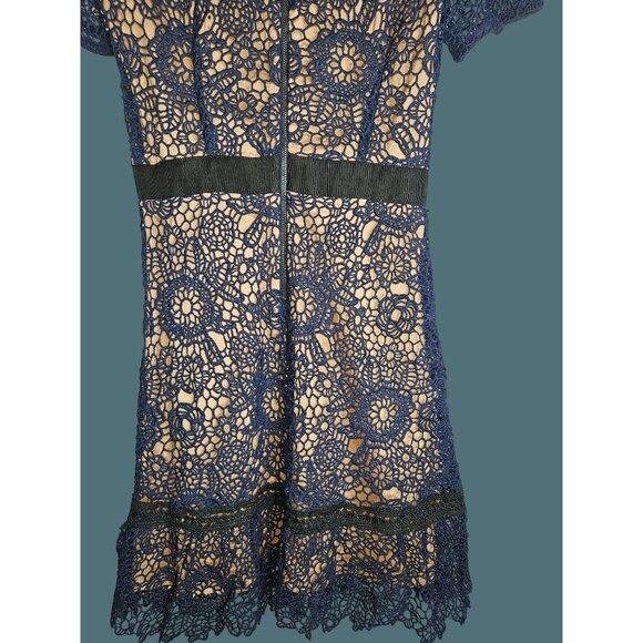 Aqua Floral Crochet Lace Feminine Chic Boho Navy/Black Lined Dress Women XS - Picture 14 of 14